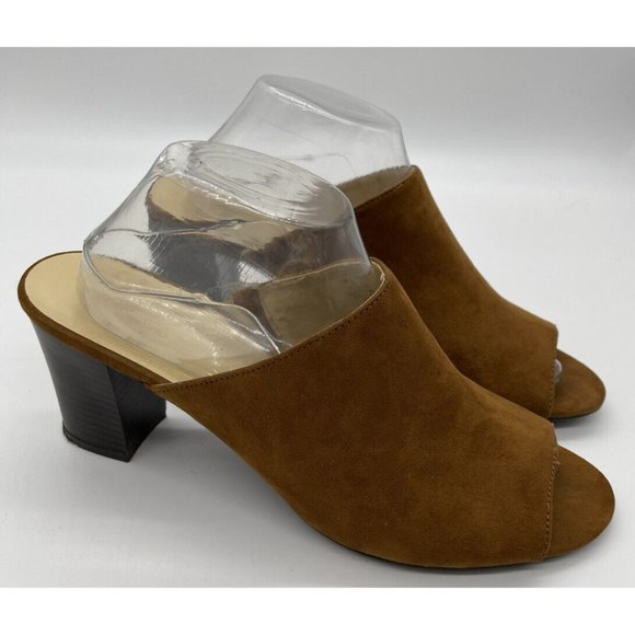 Liz Claiborne Pearse Women's Tan Slip on Peep Toe Mules Stacked Mule Heels 11M - Picture 2 of 6